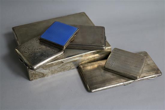 A silver cigarette box, four silver cigarette cases and an enamel and plated cigarette case.